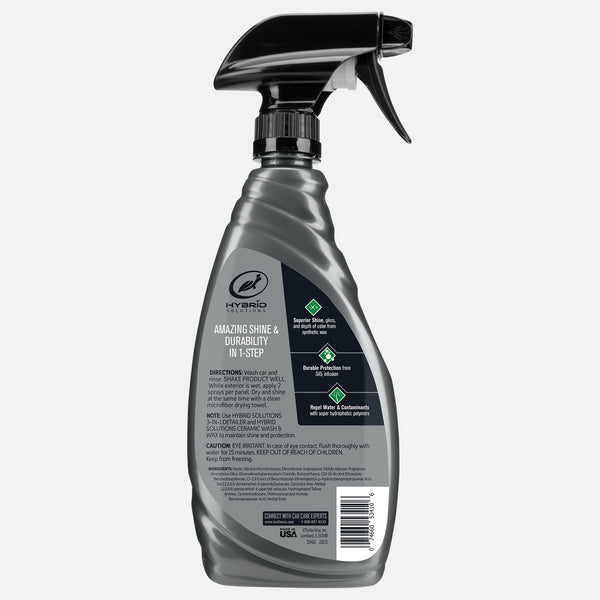 Car shine in a spray! Hybrid Solutions car care offers durable protection from water, plus SiO2 infusion, in a 26 oz bottle.