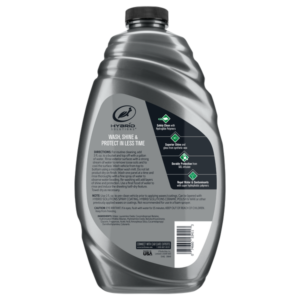 Bottle of Turtle Wax Hybrid Solutions Wash & Wax. Cleans & adds shine. Contains SiO2 for durable protection. Repels water. Made in USA.