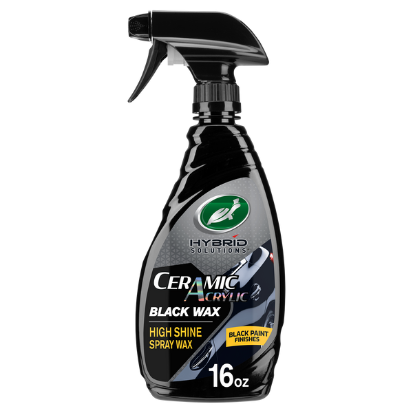 Bottle of Turtle Wax Hybrid Solutions Ceramic Acrylic Black Car Wax Spray for black paint finishes.