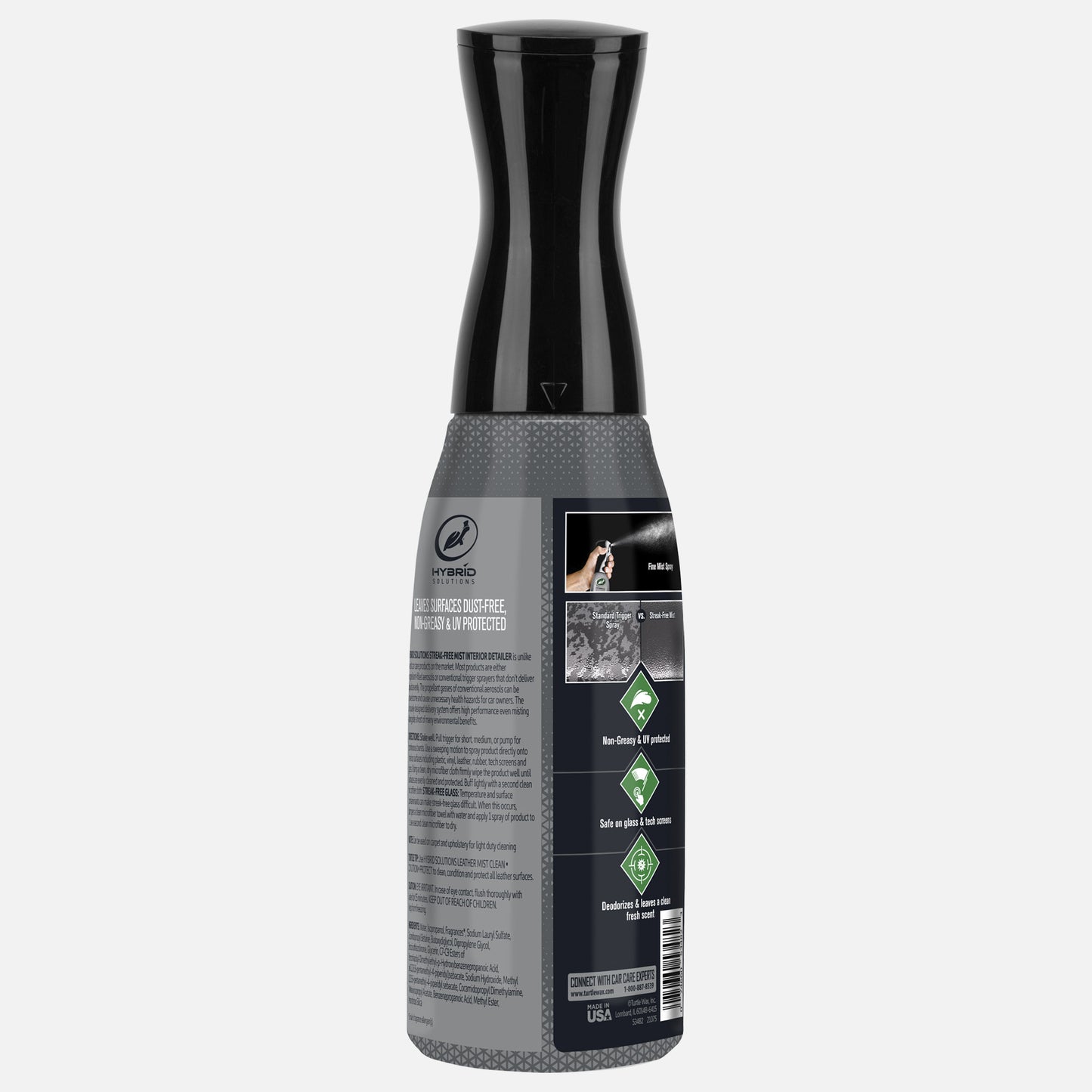 Turtle Wax Hybrid Solutions Mist: Streak-free interior detailer that cleans and deodorizes. Leaves a fresh scent, protects surfaces. back of bottle