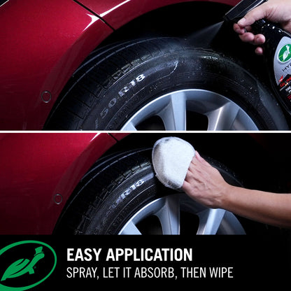 Easy to use: Spray evenly to dry and clean tyres, allowing product to penetrate tire for 3-5 minutes, then wipe

