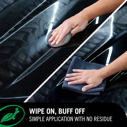 Ceramic Graphene paste wax, wipe on, buff off infographic against a black car