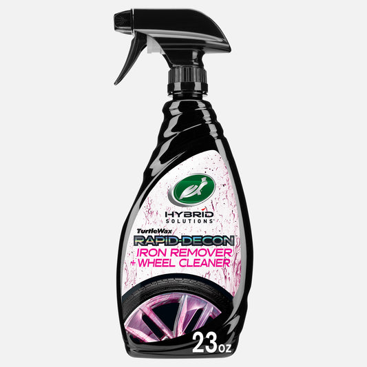 Turtle Wax Hybrid Solutions bottle. Cleaner for car wheels. Spray bottle with a black trigger. Pink and white label.