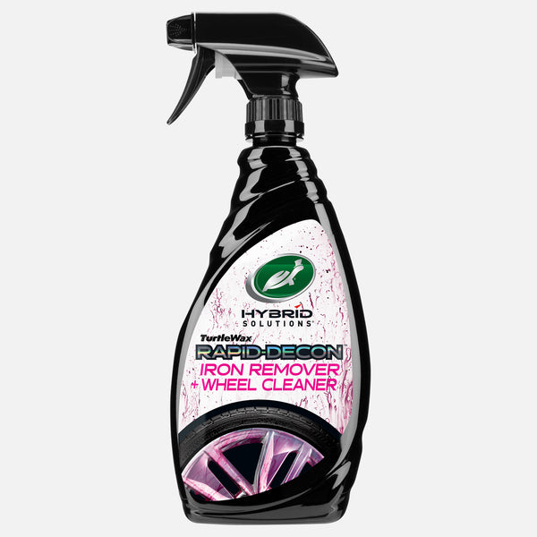 Turtle Wax Hybrid Solutions bottle. Cleaner for car wheels. Spray bottle with a black trigger. Pink and white label.