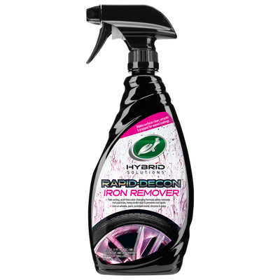 Turtle Wax Hybrid Solutions bottle. Cleaner for car wheels. Spray bottle with a black trigger. Pink and white label.