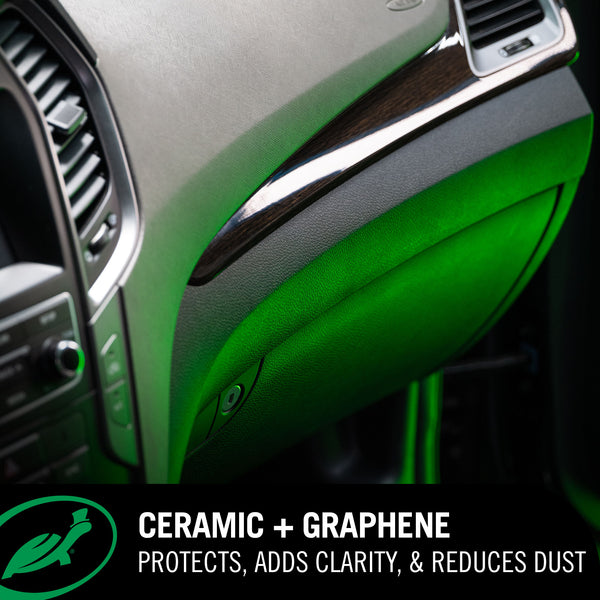Ceramic Inside Job  infographic on a car interior image "ceramic and graphene protects, adds clarity and reduces dirt"