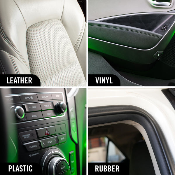 Ceramic Inside Job  infographic on a car interior image showing uses across leather, vinyl, plastic and rubber