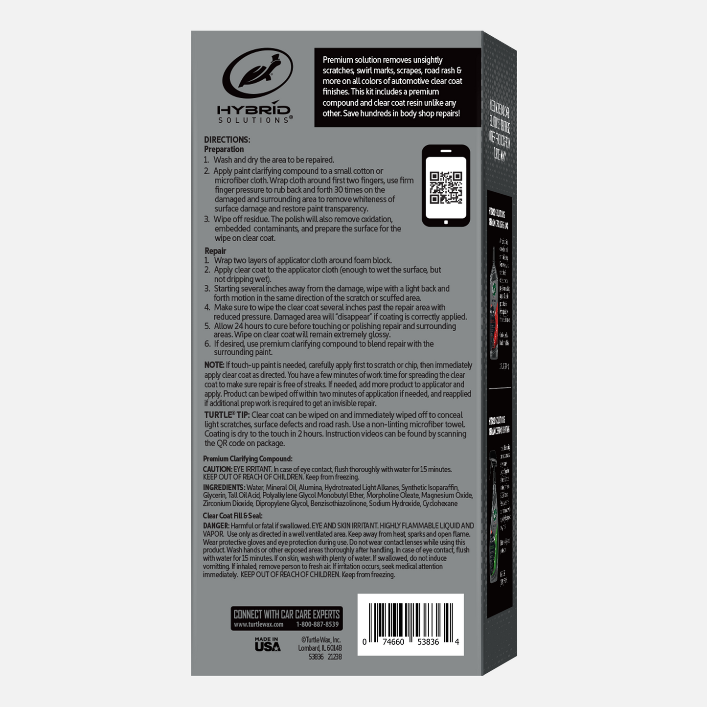 Fix car scratches easily! The Hybrid Solutions box offers a clear coat kit, premium compound, and helpful tips like the Turtle Wax tip.