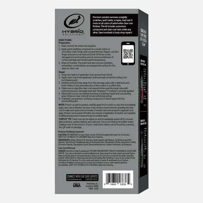 Fix car scratches easily! The Hybrid Solutions box offers a clear coat kit, premium compound, and helpful tips like the Turtle Wax tip.