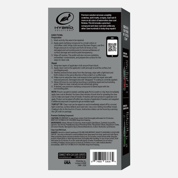 Fix car scratches easily! The Hybrid Solutions box offers a clear coat kit, premium compound, and helpful tips like the Turtle Wax tip.