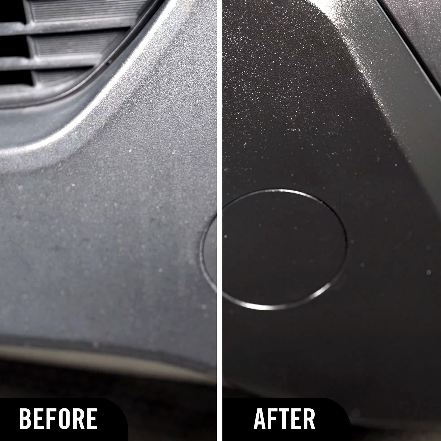 Turtle Wax Hybrid Solutions graphene acrylic plastic restorer for restoring vehicle trim. Before and after comparison shown.