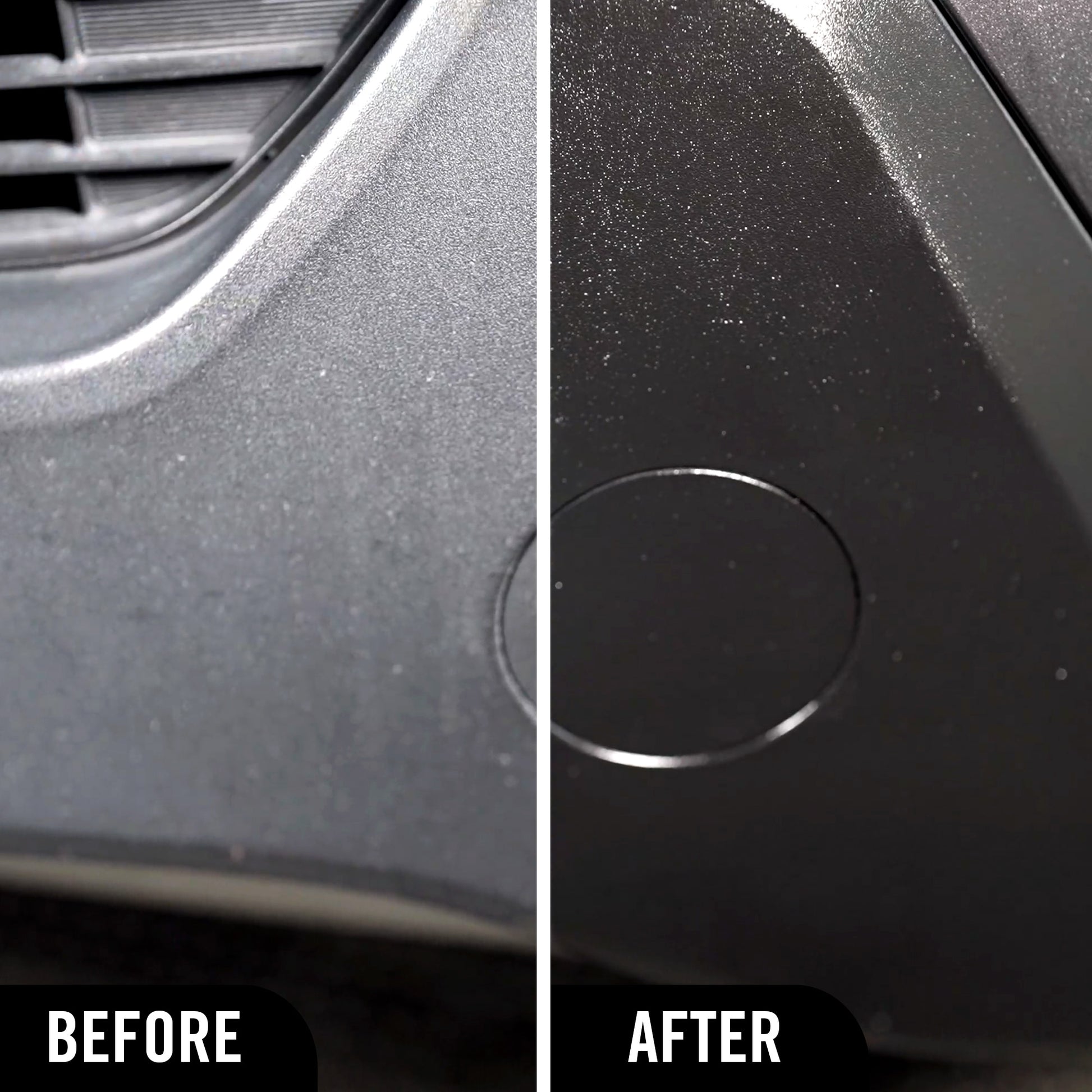 Turtle Wax Hybrid Solutions graphene acrylic plastic restorer for restoring vehicle trim. Before and after comparison shown.