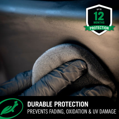 Turtle Wax Hybrid Solutions Graphene Acrylic Trim Restorer infographic outlining durable and 12 month protection 