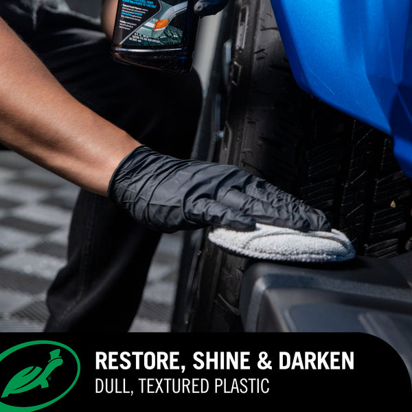 Turtle Wax Hybrid Solutions Graphene Acrylic Trim Restorer infographic outlining restore, shine and darken with a man polishing a trim.