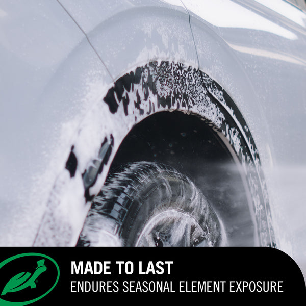 Turtle Wax Hybrid Solutions Graphene Acrylic Trim Restorer infographic outlining made to last endures seasonal exposure against an image of car wheel in snowy conditions.