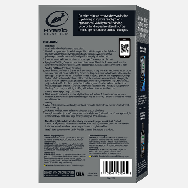 Restore headlight clarity with Turtle Wax Hybrid Solutions kit. Removes oxidation, yellowing, improving visibility. Easy application, hand results.