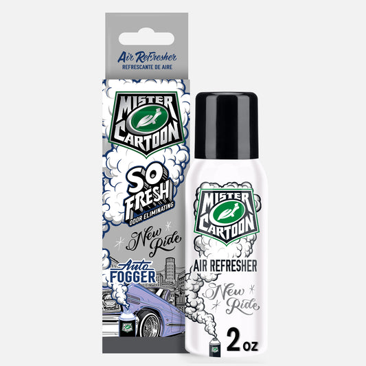 Mister Cartoon So Fresh "New Ride" air freshener. Auto odor eliminator fogger featuring car art & urban design. Cool car scent.