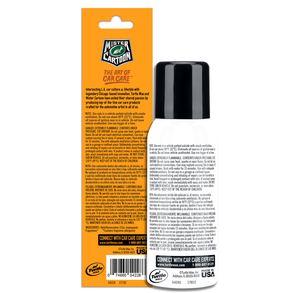 Studio product shot of the 'Sunset Peach' Mr. Cartoon fogger, 2oz can without label text.