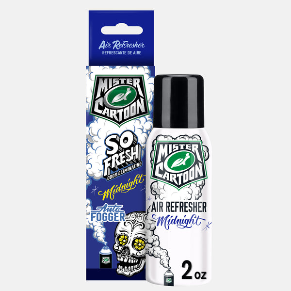 Mister Cartoon's Midnight car air freshener. Odor eliminator with skull & fogger graphics. "So Fresh" brand.