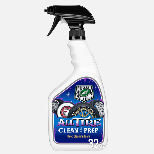 Turtle Wax Mister Cartoon tire cleaner in a spray bottle with custom wheel art on the label. Car detailing for a "like new" finish. US auto care.