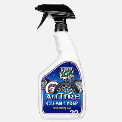 Turtle Wax Mister Cartoon tire cleaner in a spray bottle with custom wheel art on the label. Car detailing for a 