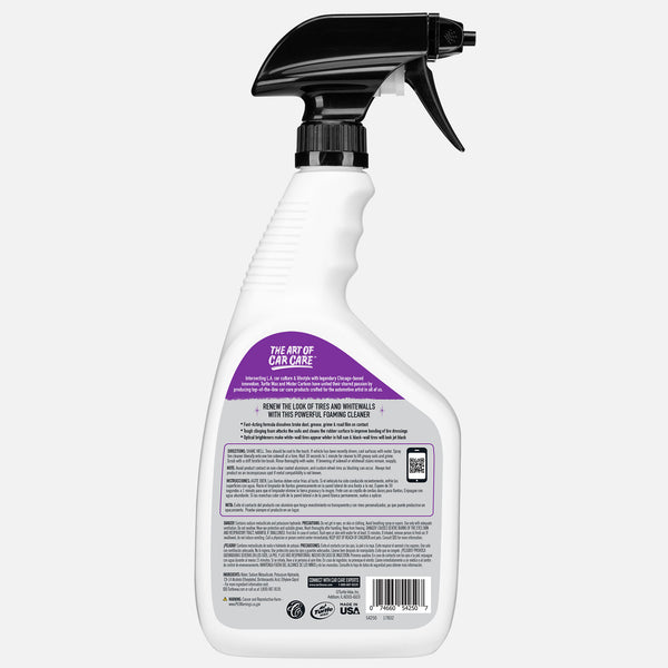 Turtle Wax tire & whitewall cleaner in a spray bottle. Foaming action dissolves brake dust for a jet-black tire look. Made in USA.