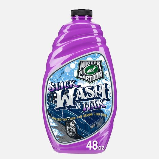 Purple bottle of Mister Cartoon, with a Turtle Wax logo, car wash & wax product. Illustration of a blue car on the label.
