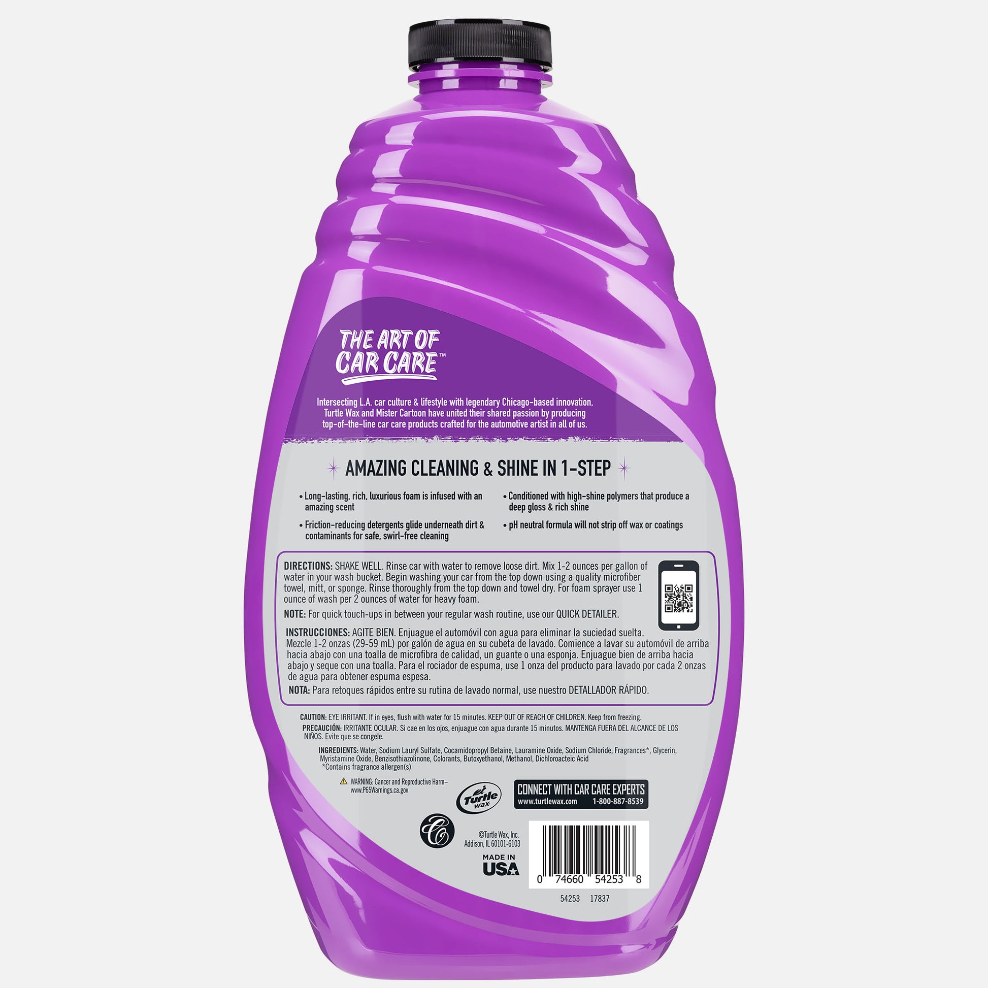 Purple bottle with "The Art of Car Care" label; an auto cleaning product from Turtle Wax & Mister Cartoon made in the USA.