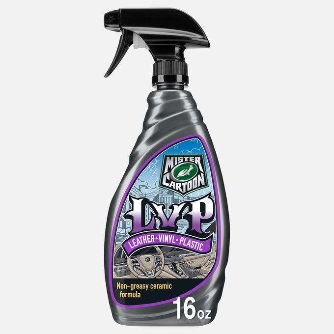 Mister Cartoon LVP interior cleaner. Protects leather, vinyl, plastic. Non-greasy ceramic formula. US product.