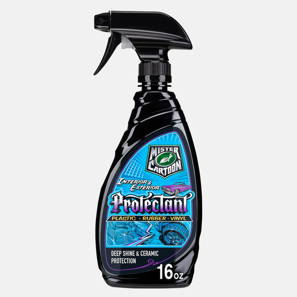 Mister Cartoon Interior & Exterior Protectant: plastic, rubber & vinyl solution. Gives a non-greasy deep rich shine. 16 FL OZ (473 mL).