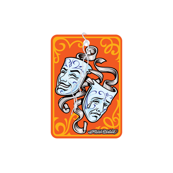 GIF animation of Mr. Cartoon Smile Now Paper air freshener slowly rotating to show all sides.