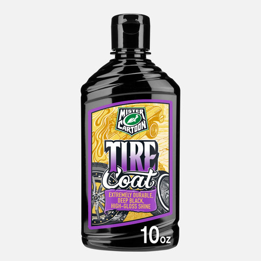 Black tire care bottle. "Mister Cartoon Tire Coat" label features detailed graphics of classic car tires. It claims 1 bottle equals 1 year of use.