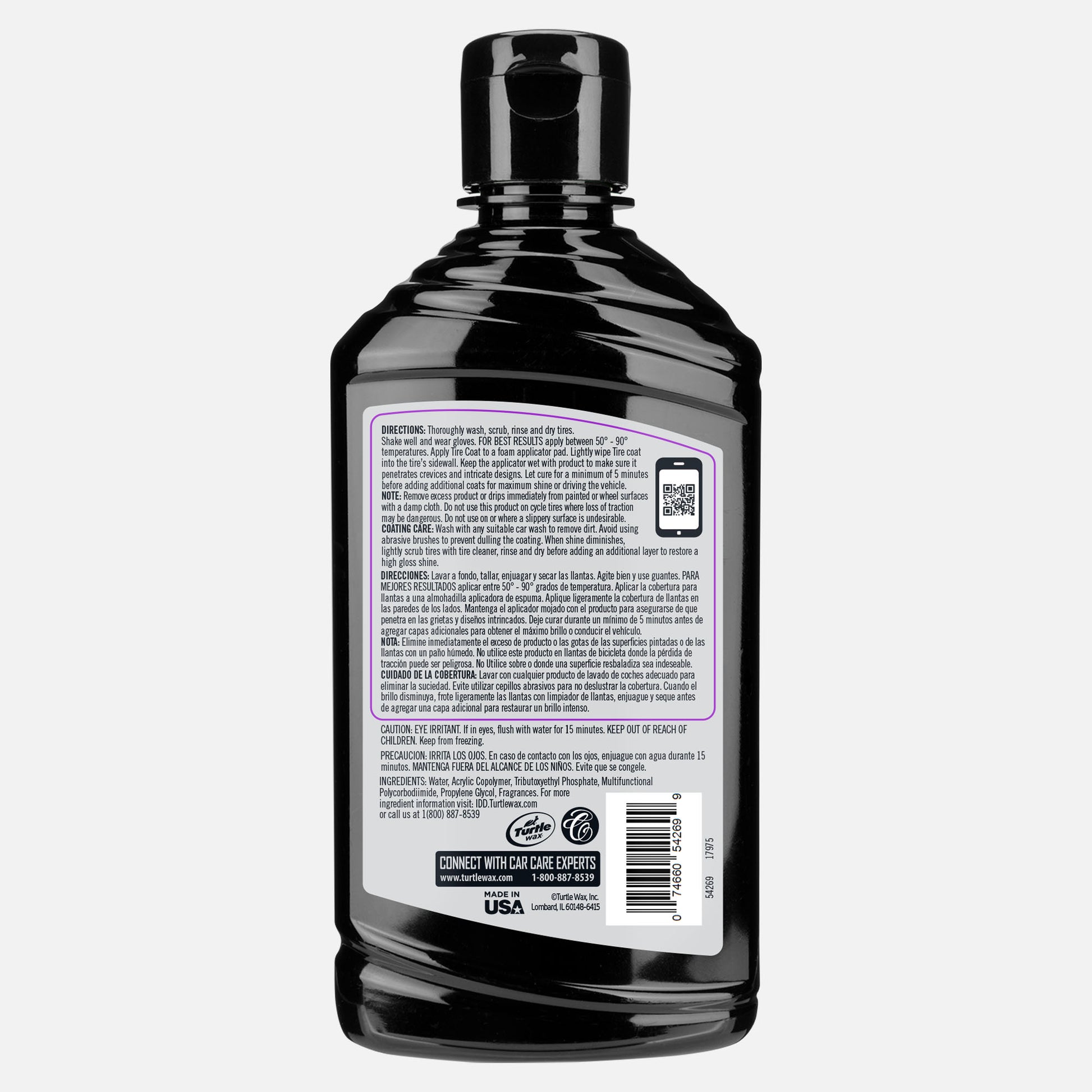 Black bottle of Turtle Wax Tire Coat. See enhanced tire shine, protection, and car care tips at TurtleWax.com. Made in the USA.