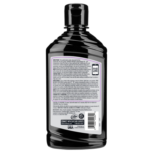 Mr. Cartoon Tire Coat bottle laid on its side, showing the curvature and full label.
