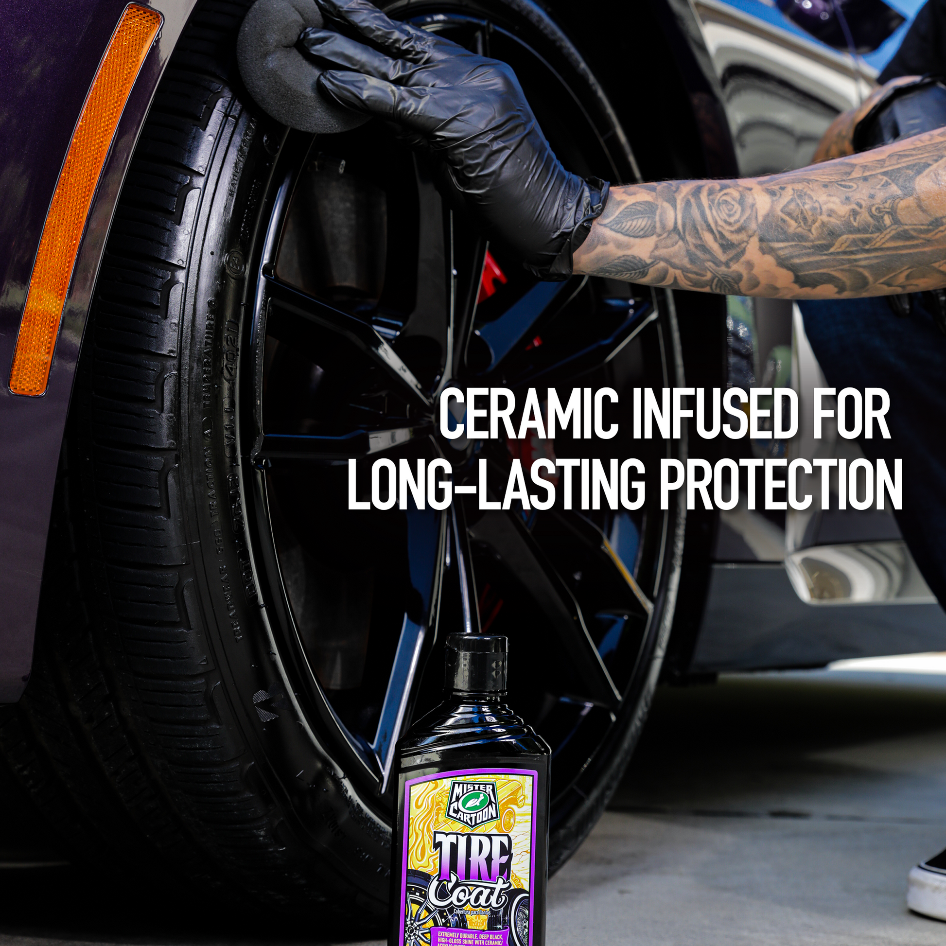 Detailing car tires with a ceramic coat. The man in black gloves buffs for a durable, high-gloss shine on the black tire.