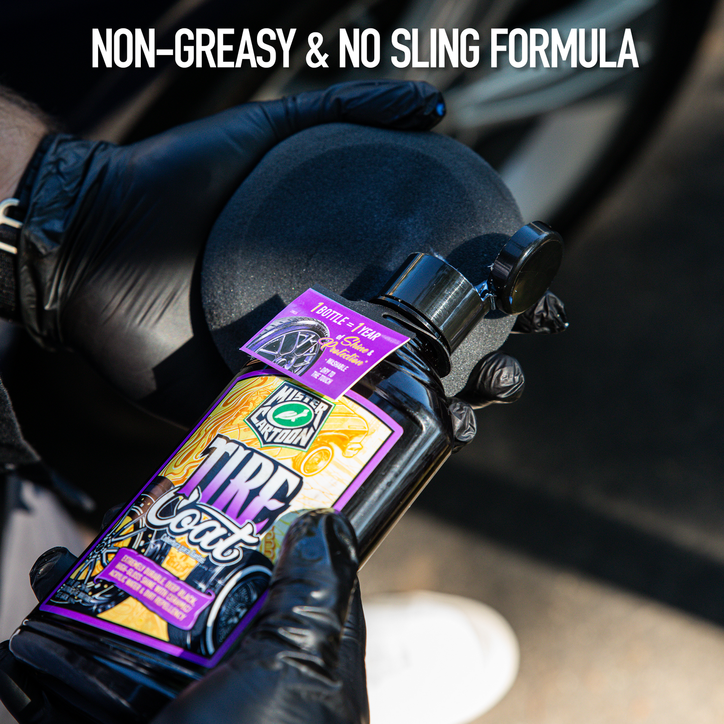 Detailing a car tire with Turtle Wax Tire Coat by Mister Cartoon. Featuring non-greasy, durable, high-gloss shine that is acrylic, washable and water/dirt repellent.