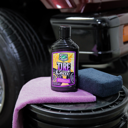 Mister Cartoon Tire Coat. Detail clay bar, towel, and tire detail. Professional auto detailing. Deep black shine, water repellent.