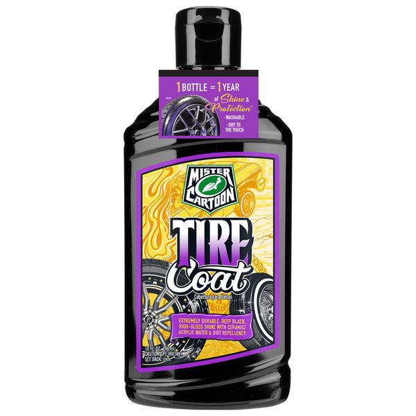Studio shot of Tire Coat bottle with attached elastitag, highlighting retail-ready packaging.