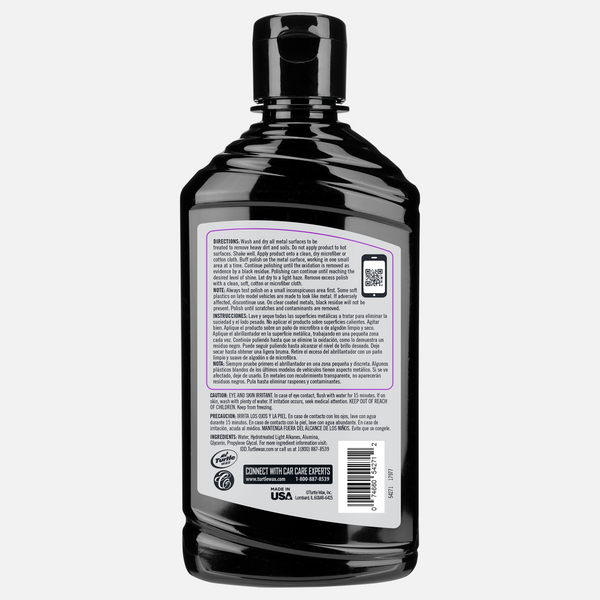 Black Turtle Wax bottle shows directions, cautions, & ingredients. US-made metal cleaner for auto detailing & vehicle care.