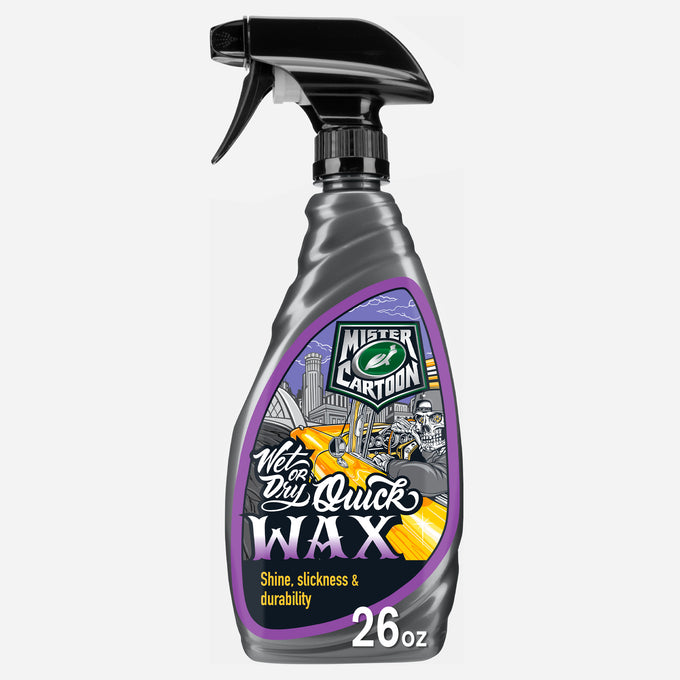 Spray bottle showing a cartoon hot rod, driver, and city. Mister Cartoon design. Turtle Wax logo.