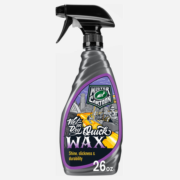 Spray bottle showing a cartoon hot rod, driver, and city. Mister Cartoon design. Turtle Wax logo.