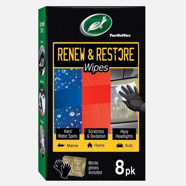Turtle Wax Renew & Restore Wipes remove water spots, scratches & hazy headlights. For auto, home, and marine. Gloves included.