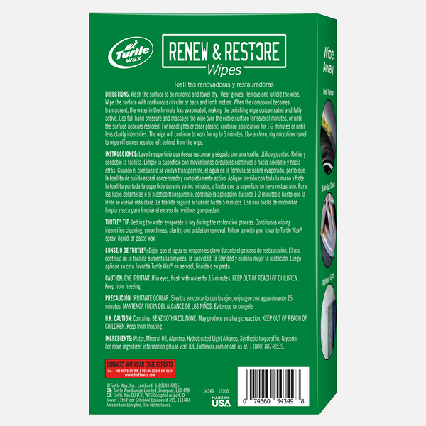 Turtle Wax Renew & Restore Wipes remove paint transfer, brake dust, & bathroom spots. Car cleaning supplies made in USA.