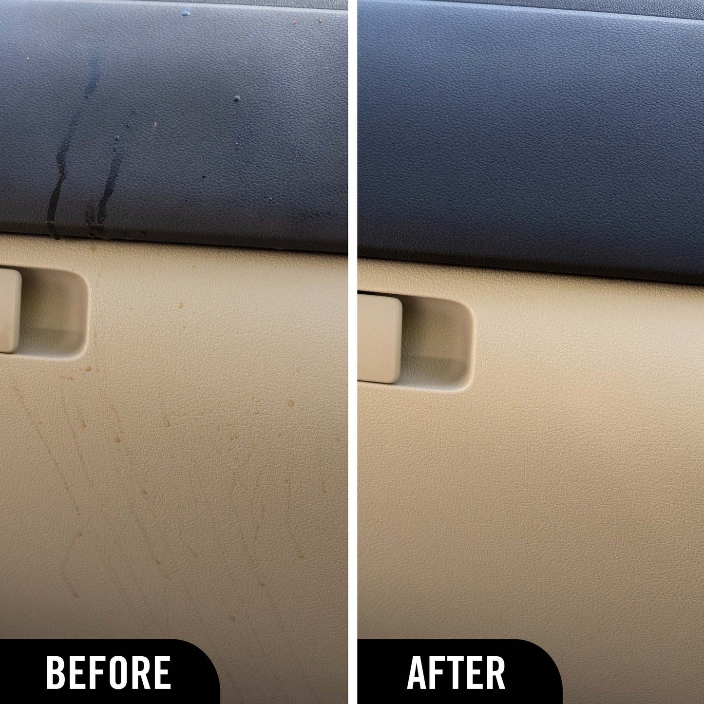 Before and after comparison of a car interior panel with visible wear and tear Turtle Wax 1& Done detailer.
