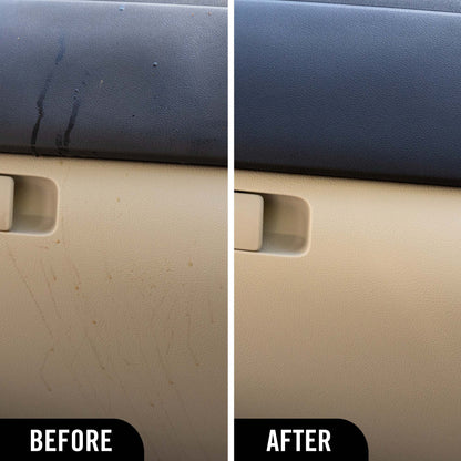 Before and after comparison of a car interior panel with visible wear and tear Turtle Wax 1& Done detailer.
