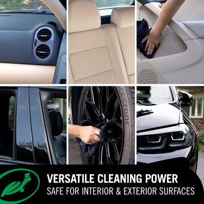 Turtle Wax 1& Done detailer. Collage of car cleaning processes with text 'Versatile Cleaning Power Safe for Interior & Exterior Surfaces'.