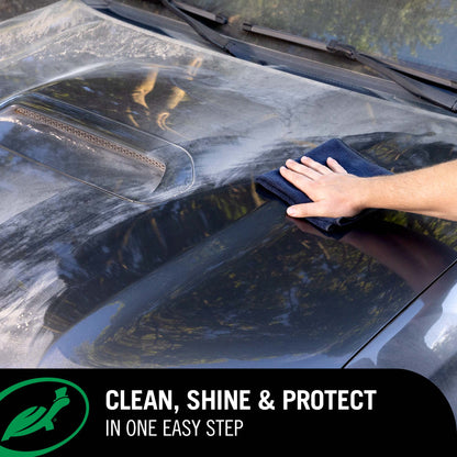 Person cleaning a car hood with Turtle Wax 1& Done detailer,  a blue towel, with text 'Clean, Shine & Protect in One Easy Step' at the bottom.
