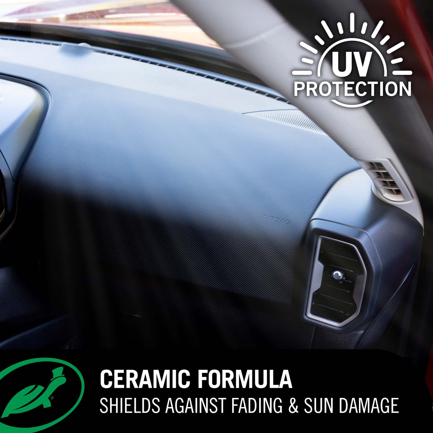 Car interior with UV protection feature highlighted, focusing on dashboard after using Turtle Wax 1& Done detailer.