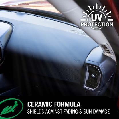 Car interior with UV protection feature highlighted, focusing on dashboard after using Turtle Wax 1& Done detailer.