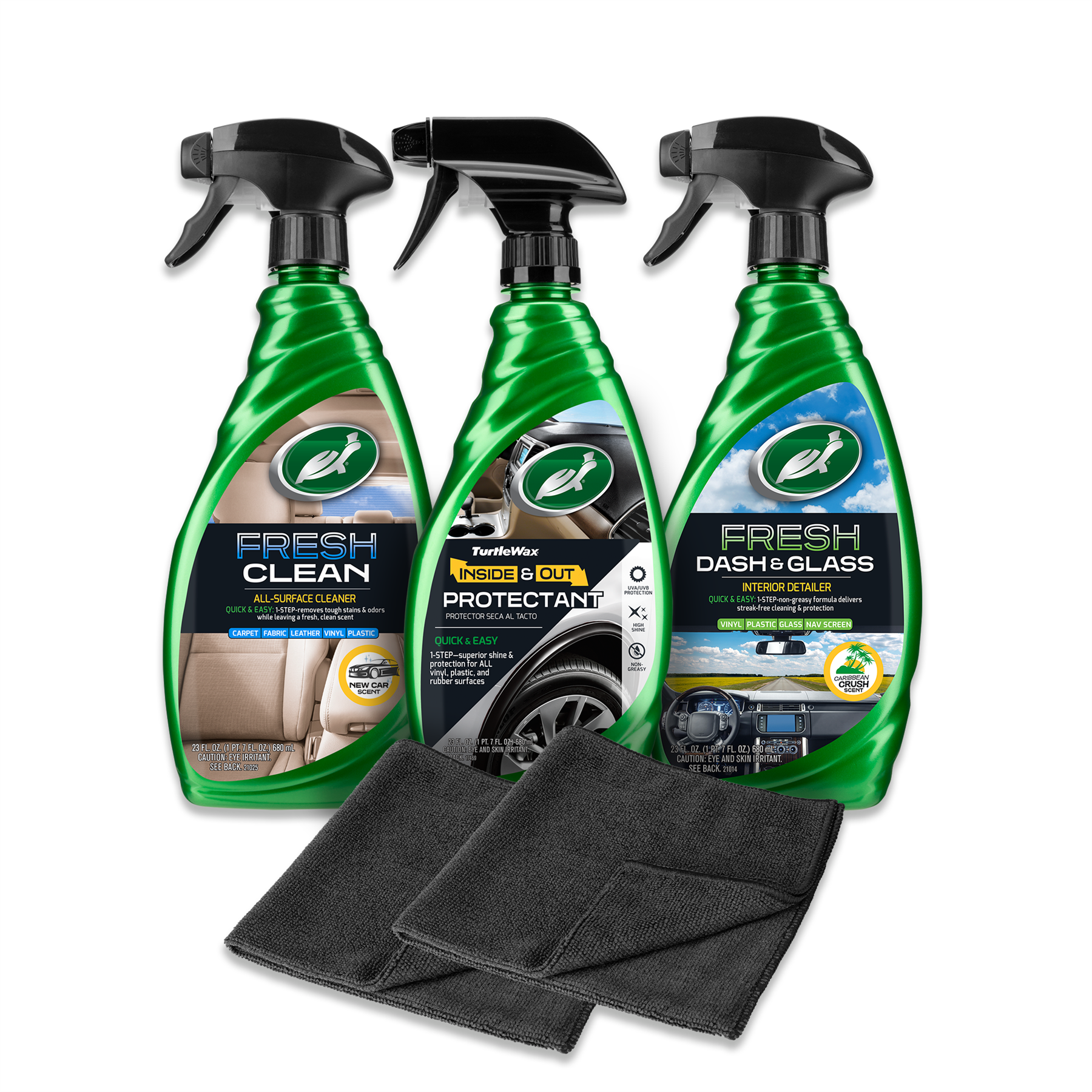 Turtle Wax Interior Car Cleaning Kit includes all-surface cleaner, protectant, glass cleaner, and microfiber cloths for auto detailing.